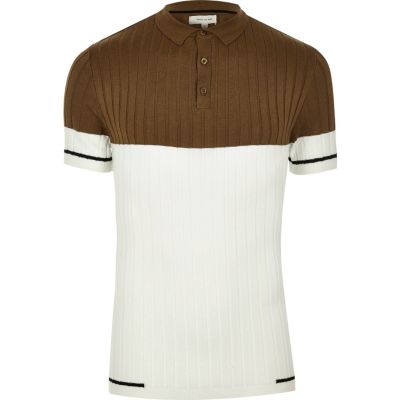 Brown ribbed block muscle fit polo shirt